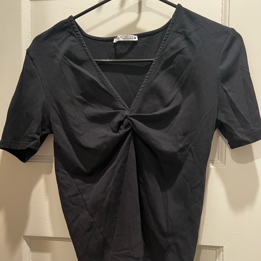 Zara Black Short-Sleeve Twist-Front Top